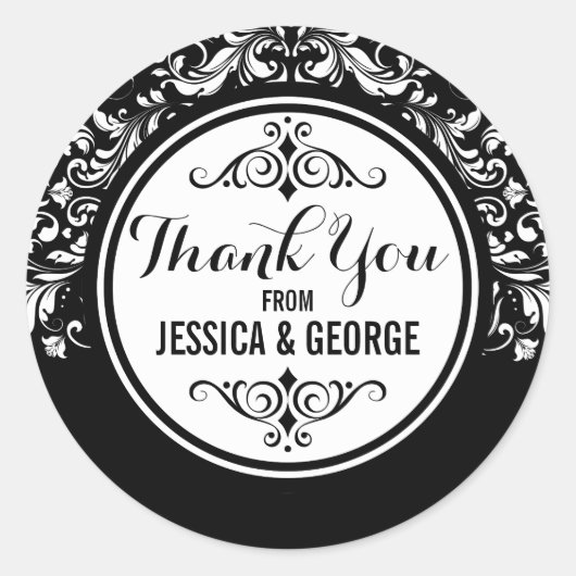Witte kant met zwarte achtergrond bedankt ronde sticker (Voorkant)