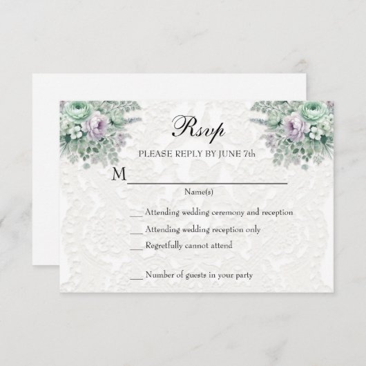 Witte kant mint groene lavendel bloem RSVP (Voorkant / Achterkant)