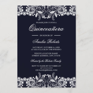 Witte Kant Navy Quinceanera Uitnodiging