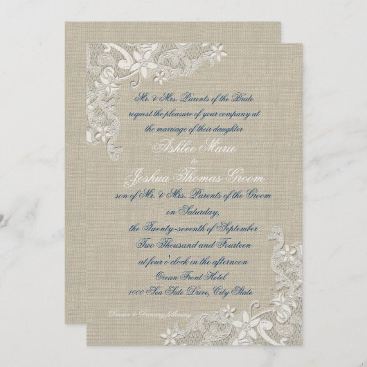 Witte kant ontwerp bruiloft Kaart (Voorkant / Achterkant)