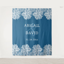 Witte kant op blauwe bruiloft achtergrond wandkleed