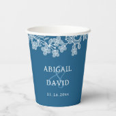 Witte kant op blauwe bruiloft papieren bekers (Achterkant)