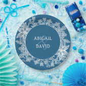 Witte kant op blauwe bruiloft papieren bordje (Feest)