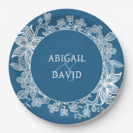 Witte kant op blauwe bruiloft papieren bordje