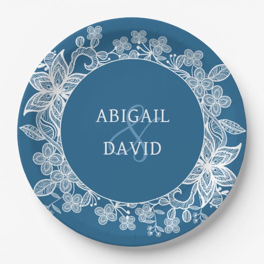 Witte kant op blauwe bruiloft papieren bordje (Voorkant)