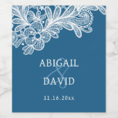 Witte kant op blauwe bruiloft wijn etiket (Enkel label)