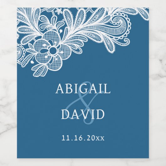 Witte kant op blauwe bruiloft wijn etiket (Enkel label)