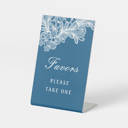 Witte kant op blauwe gunsten reclamebord met voetstuk (Voorkant)