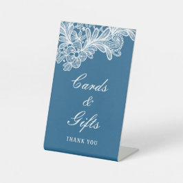 Witte kant op blauwe Kaarten & geschenken Reclamebord Met Voetstuk