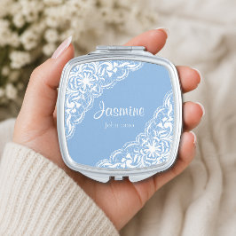 Witte kant op blauwe monogram met Bijbelvers Handtas Spiegeltje