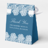 Witte kant op blauwe religieuze bruiloft tent bedankdoosjes (Achterkant)