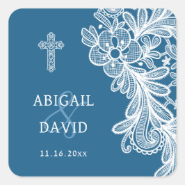Witte kant op blauwe religieuze bruiloft vierkante sticker
