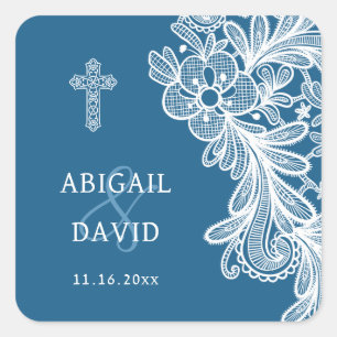 Witte kant op blauwe religieuze bruiloft vierkante sticker