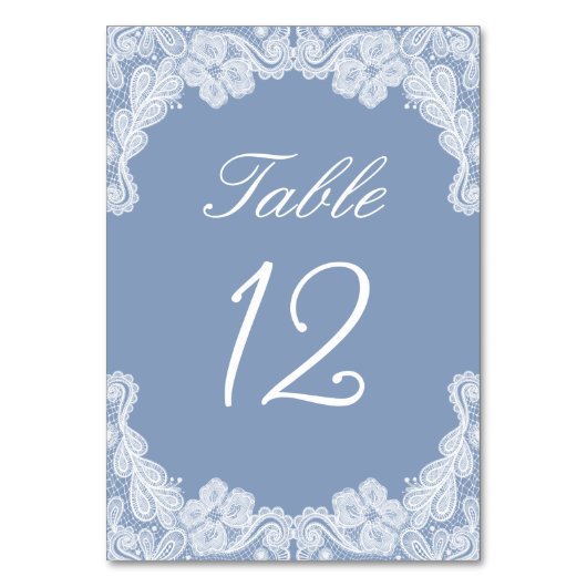 Witte kant op blauwe tafel nummer kaart (Voorkant)