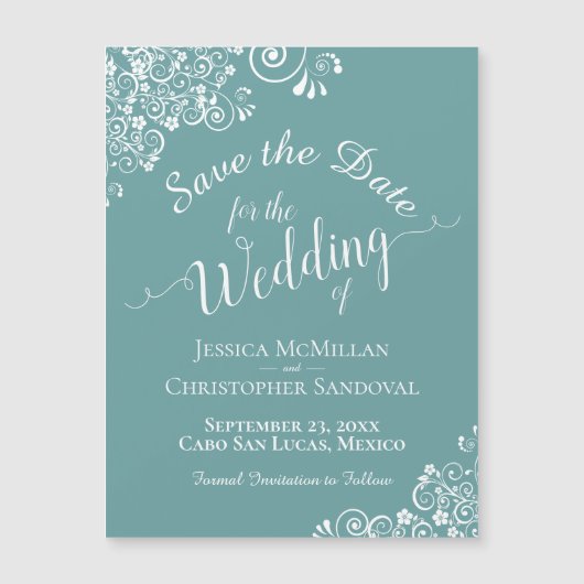 Witte kant op Blauwgroen bruiloft Save the Date Ma (Voorkant)