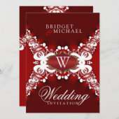Witte kant op donkerrode unieke huwelijksuitnodigi kaart (Voorkant / Achterkant)