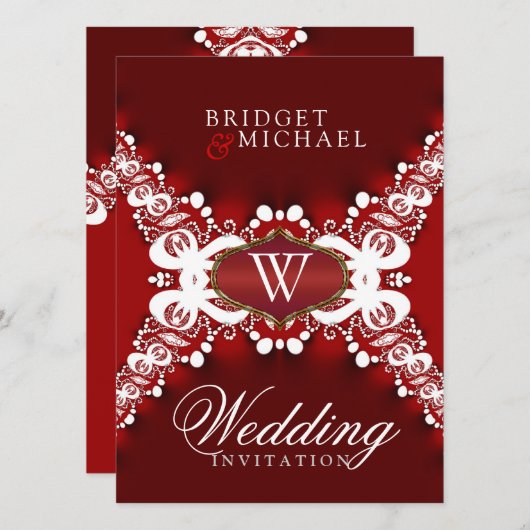 Witte kant op donkerrode unieke huwelijksuitnodigi kaart (Voorkant / Achterkant)