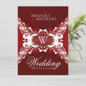 Witte kant op donkerrode unieke huwelijksuitnodigi kaart (Staand voorkant)