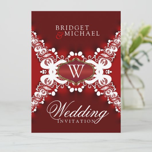 Witte kant op donkerrode unieke huwelijksuitnodigi kaart (Staand voorkant)