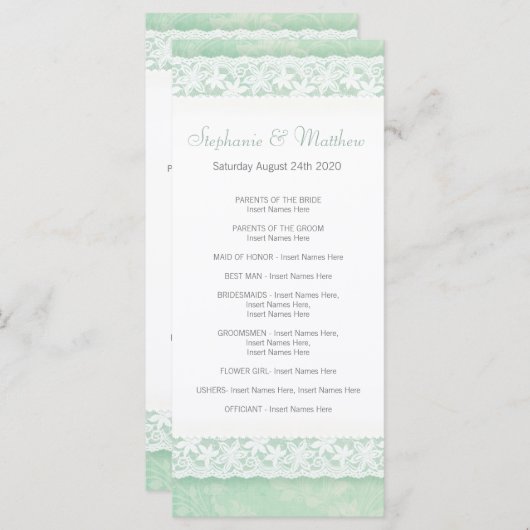 Witte kant op groene bruiloft programma rack kaart (Voorkant / Achterkant)