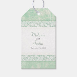 Witte kant op groene bruiloft voor labels cadeaulabel