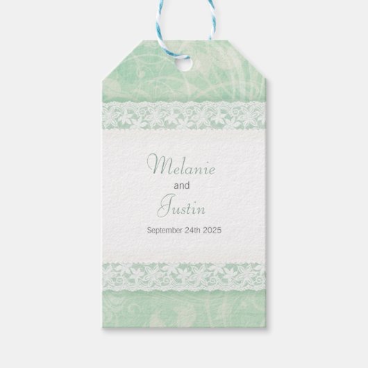 Witte kant op groene bruiloft voor labels cadeaulabel (Voorkant)