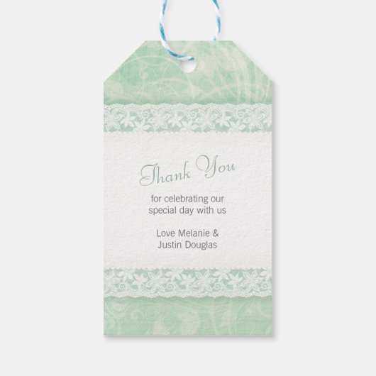 Witte kant op groene bruiloft voor labels cadeaulabel (Achterkant)