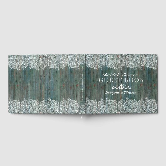 Witte kant op mos-groene houten textuur gastenboek (Volledig)