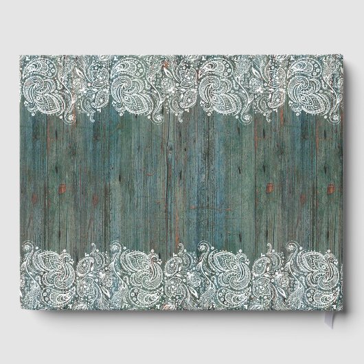 Witte kant op mos-groene houten textuur gastenboek (Achterkant)