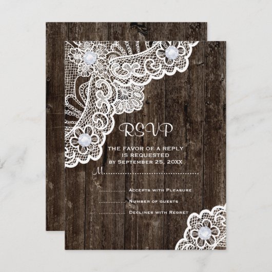 witte kant op oude houten bruiloft RSVP (Voorkant / Achterkant)