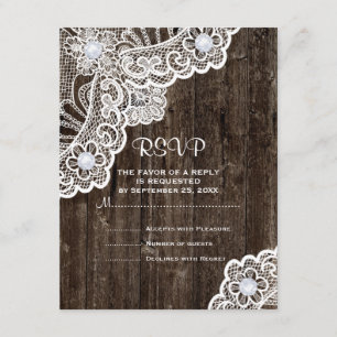 witte kant op oude houten bruiloft RSVP Kaartje