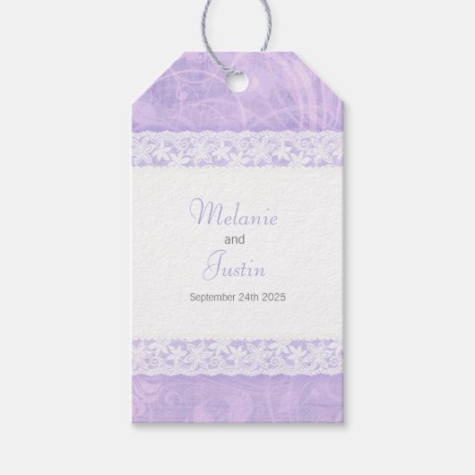 Witte kant op paarse dank u bruiloft gunst labels cadeaulabel (Voorkant)