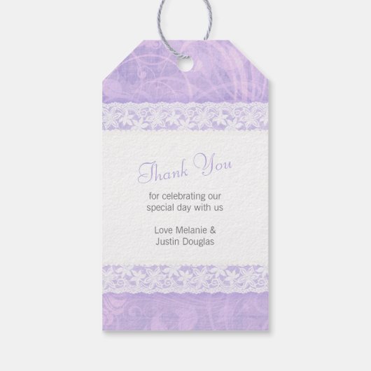 Witte kant op paarse dank u bruiloft gunst labels cadeaulabel (Achterkant)