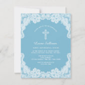 Witte kant op pastel blauwe doop uitnodiging (Voorkant)