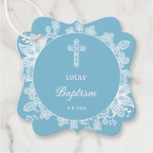 Witte kant op pastelblauwe doop bedankjes labels (Voorkant)