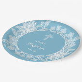 Witte kant op pastelblauwe doop papieren bordje (Gekanteld)