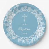 Witte kant op pastelblauwe doop papieren bordje (Voorkant)