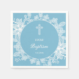 Witte kant op pastelblauwe doop servet