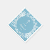 Witte kant op pastelblauwe doop servet (Hoek)