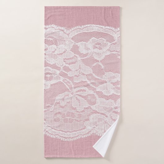 Witte kant op pastroze linnen textuur badhanddoek (Badhanddoek)