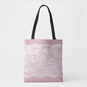 Witte kant op pastroze linnen textuur tote bag