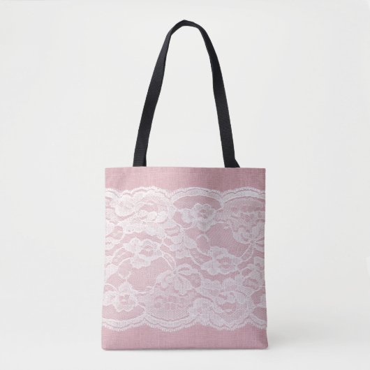 Witte kant op pastroze linnen textuur tote bag (Voorkant)
