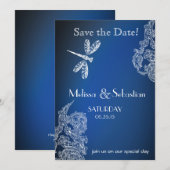Witte kant op Royal Blue Dragonflies Save The Date (Voorkant / Achterkant)