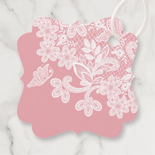 Witte kant op roze doop bedankjes labels (Achterkant)