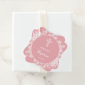 Witte kant op roze doop bedankjes labels (In situ)