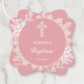 Witte kant op roze doop bedankjes labels (Voorkant)