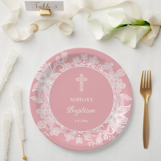 Witte kant op roze doop papieren bordje (Huwelijk)