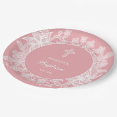 Witte kant op roze doop papieren bordje (Gekanteld)