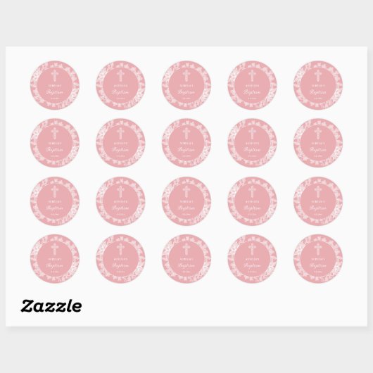Witte kant op roze doop ronde sticker (Vel)