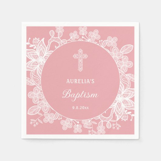 Witte kant op roze doop servet (Voorkant)